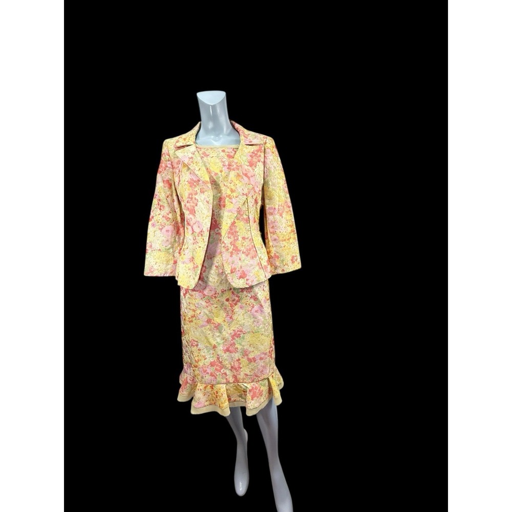 Nipon Boutique Sz 4 Dress & Blazer Set Pink & Yellow Jacquard Floral Ruffle Hem